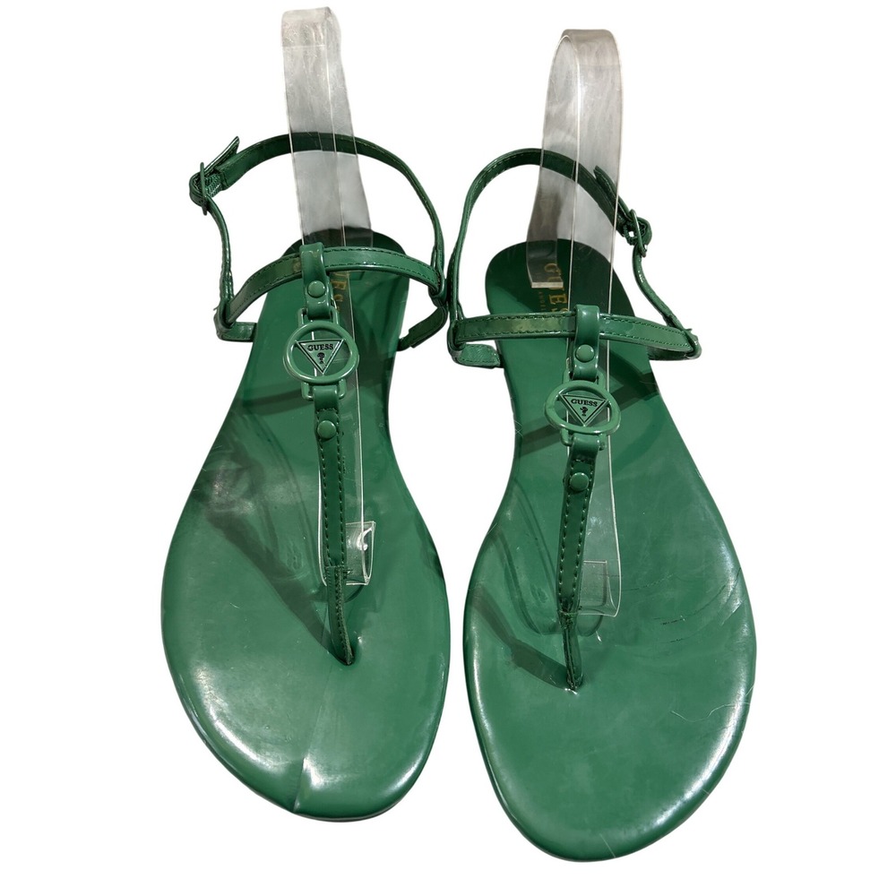 Guess R Green Patent T-Strap Flat Sandals‎ Womens 11M Logo Triangle
